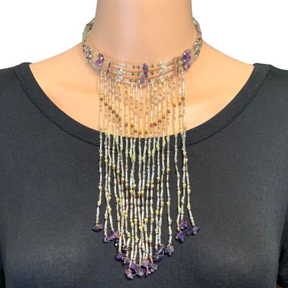 Beaded Multistrand Statement Necklace With Purple Gemstones & Fringe Design - Picture 1 of 2